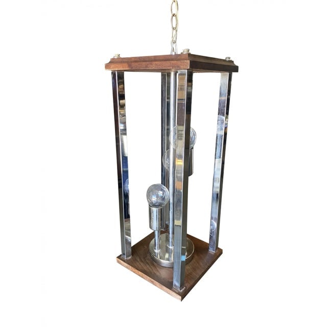 1970s Post Modern Teak and Chrome Pendant Light Fixtures - a Pair - 2