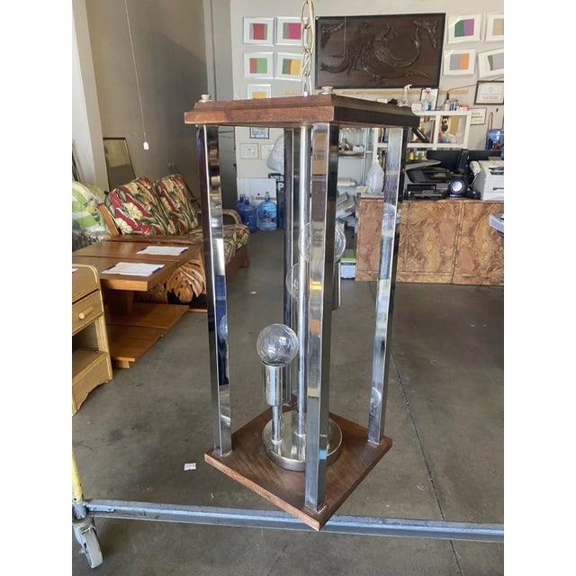 1970s Post Modern Teak and Chrome Pendant Light Fixtures - a Pair - 3