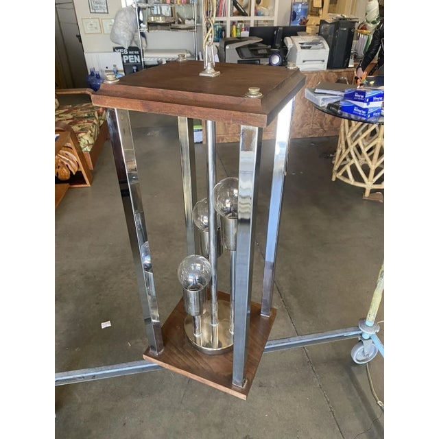 1970s Post Modern Teak and Chrome Pendant Light Fixtures - a Pair - 5