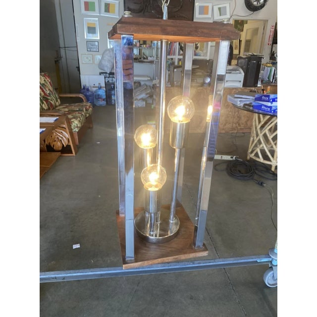 1970s Post Modern Teak and Chrome Pendant Light Fixtures - a Pair - 7