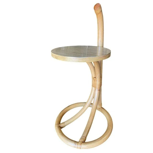 Restored Rare Portable Rattan Side Table Drink Shelf Stand W/ Handle, 2 Available - 6