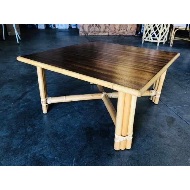 1950s Restored "X" Base Rattan Coffee Table with Mahogany Top - 2