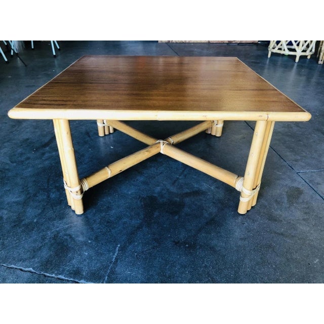 1950s Restored "X" Base Rattan Coffee Table with Mahogany Top - 4