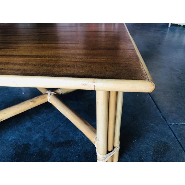 1950s Restored "X" Base Rattan Coffee Table with Mahogany Top - 6