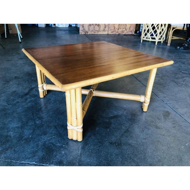 1950s Restored "X" Base Rattan Coffee Table with Mahogany Top - 7