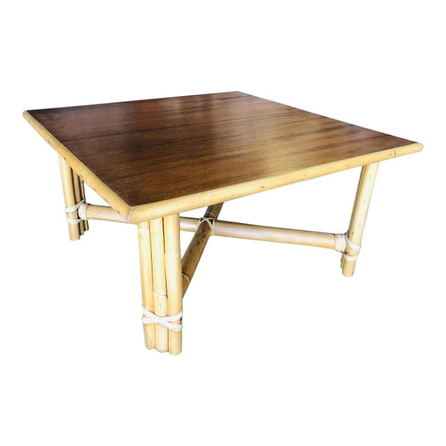 1950s Restored "X" Base Rattan Coffee Table with Mahogany Top - 8