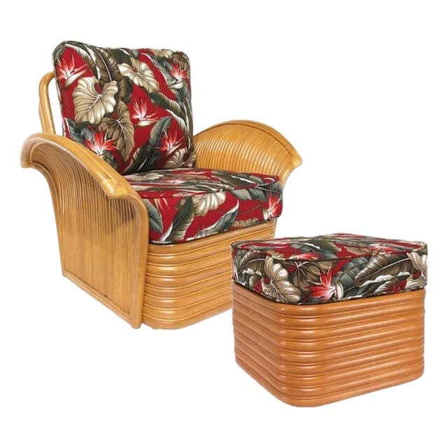 1990s Art Deco Style "Golden Girls" Rattan Fan Arm Lounge Chair with Ottoman Set (1 of 7)