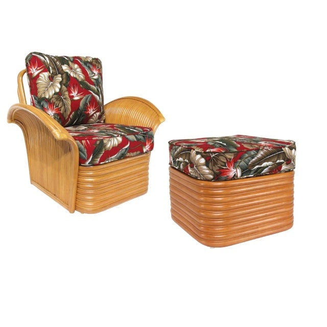 1990s Art Deco Style "Golden Girls" Rattan Fan Arm Lounge Chair with Ottoman Set - 2