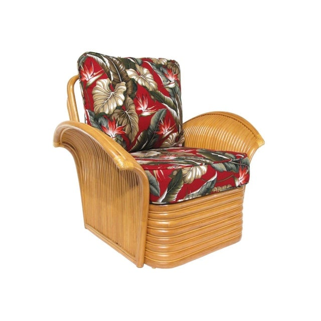 1990s Art Deco Style "Golden Girls" Rattan Fan Arm Lounge Chair with Ottoman Set - 3