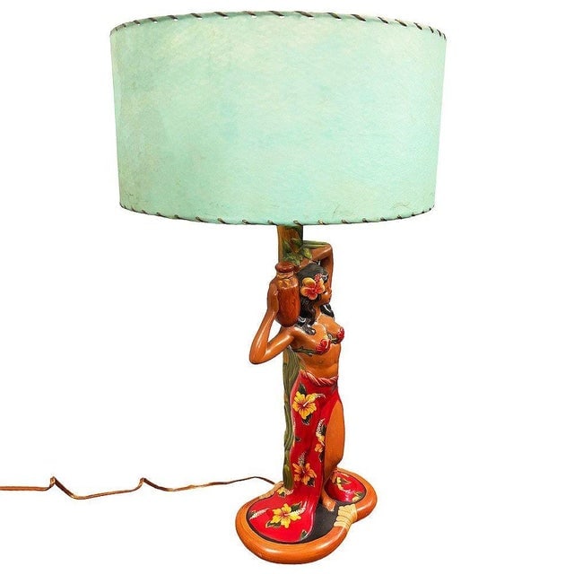1950s Mid-Century Modern Hand Painted Hawaiian Hula Resin Table Lamp by Santana W/ Wipplestitch - 2