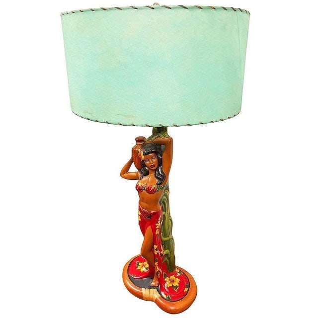 1950s Mid-Century Modern Hand Painted Hawaiian Hula Resin Table Lamp by Santana W/ Wipplestitch - 3