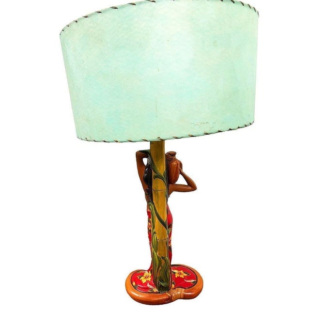 1950s Mid-Century Modern Hand Painted Hawaiian Hula Resin Table Lamp by Santana W/ Wipplestitch - 4