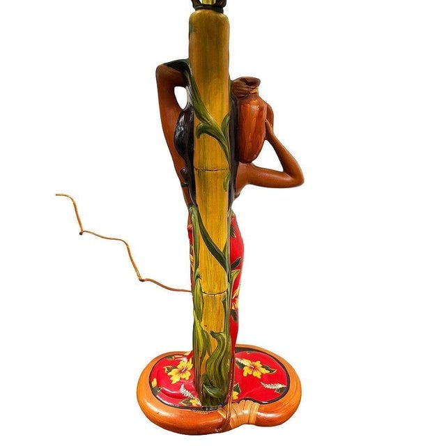 1950s Mid-Century Modern Hand Painted Hawaiian Hula Resin Table Lamp by Santana W/ Wipplestitch - 6