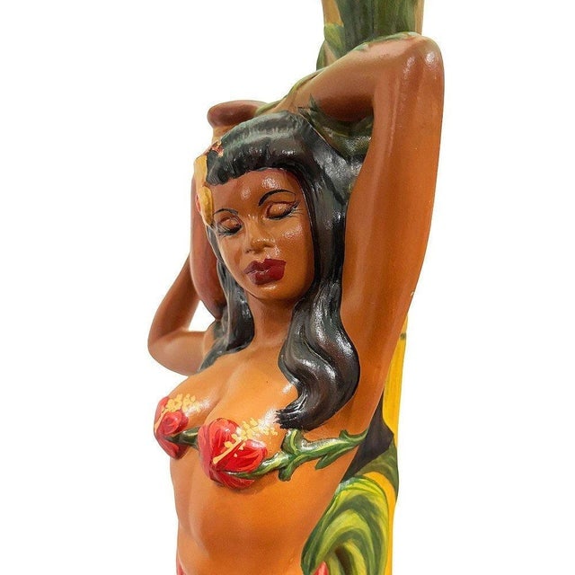 1950s Mid-Century Modern Hand Painted Hawaiian Hula Resin Table Lamp by Santana W/ Wipplestitch - 8