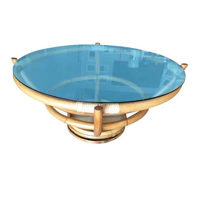 1950s Restored Four Pole Rattan Coffee Lazy Susan Table With Floating Glass Top - 2
