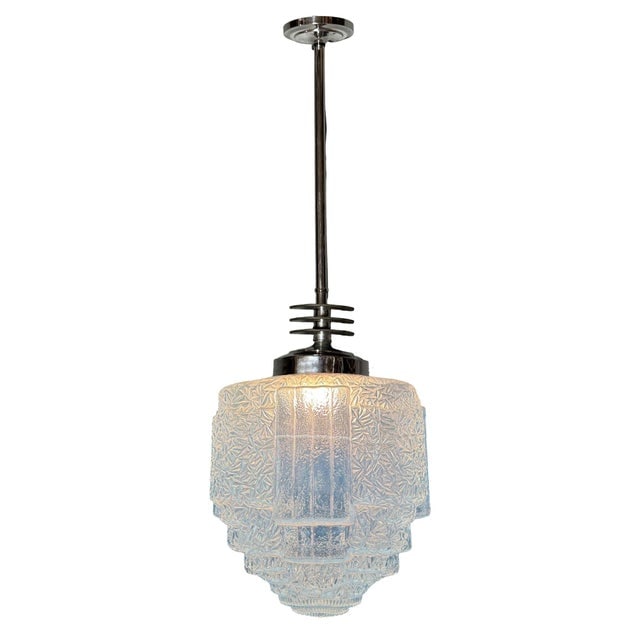 1930s Art Deco Chrome Streamline Pendant Light W/ Skyscraper Cobalt Blue Glass Shade - 2