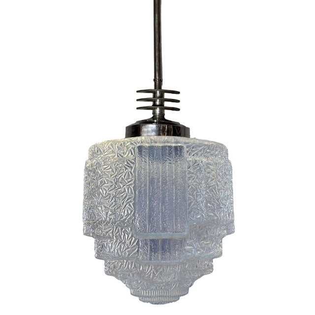 1930s Art Deco Chrome Streamline Pendant Light W/ Skyscraper Cobalt Blue Glass Shade - 3