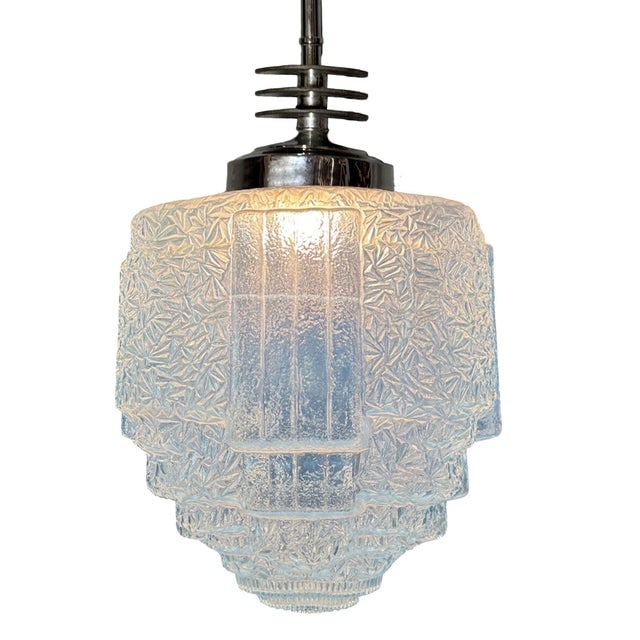 1930s Art Deco Chrome Streamline Pendant Light W/ Skyscraper Cobalt Blue Glass Shade - 4