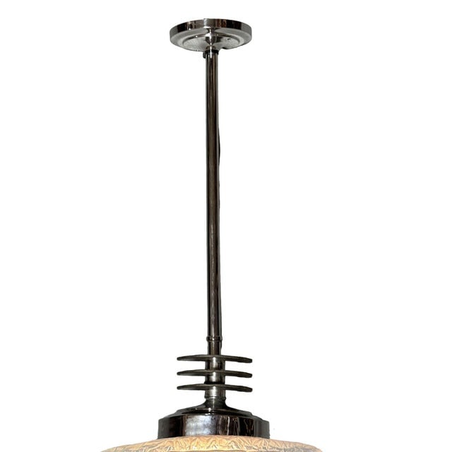 1930s Art Deco Chrome Streamline Pendant Light W/ Skyscraper Cobalt Blue Glass Shade - 5