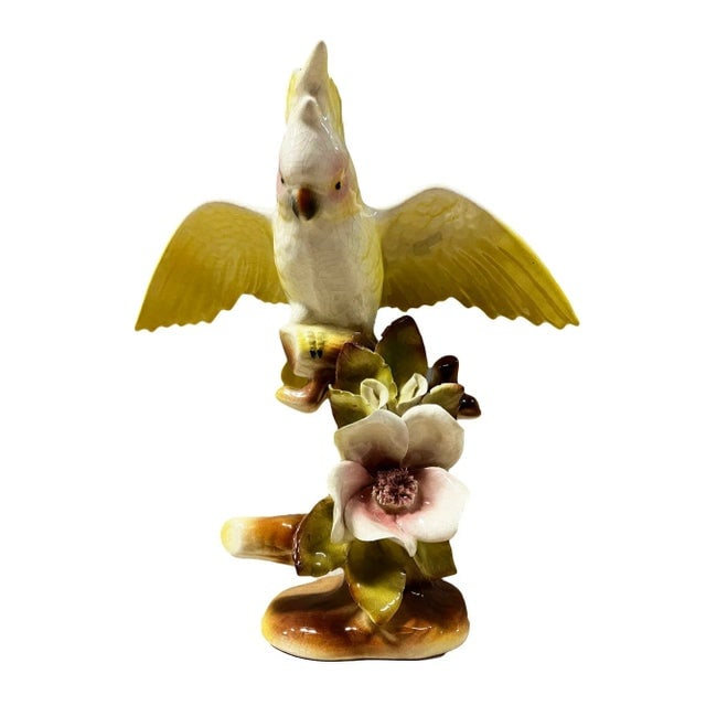 1940s California Pottery Ceramic Tropical Cockatoo on Hibiscus Branch Statue - 2