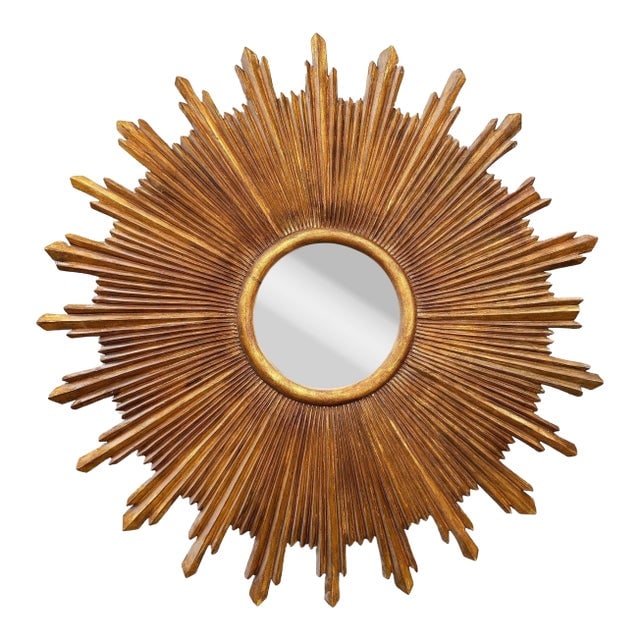 48" MCM Style Gilt Wood Starburst Mirror by Carol Canner for Carvers Guild: Title: 48" MCM Style Gilt Wood Starburst Mirror by Carol Canner for Carvers Guild Description: Starburst Mirror by Carol Canner for Carvers‚Äo Guild. A striking mirror interpretation of the classic