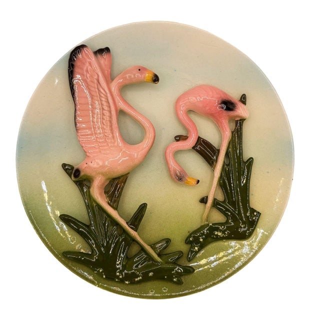 1950s Rare Mid-Century California Pottery Flamingo 3d Sculptural Round Wall Plate - 2
