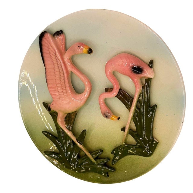 1950s Rare Mid-Century California Pottery Flamingo 3d Sculptural Round Wall Plate - 4