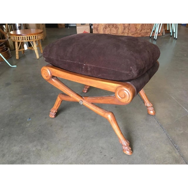 1980s Neo Classic Style Walnut Stool With Brown Velvet Top - 3