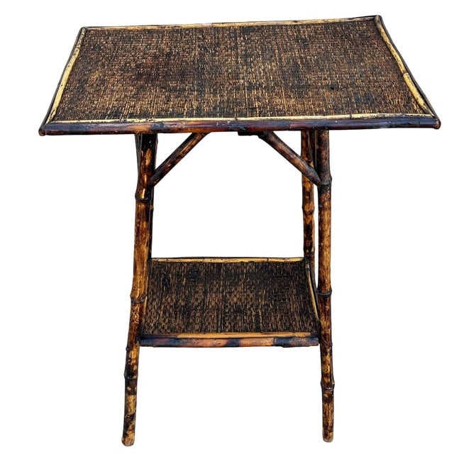 Early 20th Century Restored Aesthetic Movement Tiger Bamboo Rectangle Side Table W/ Embossed Top - 2
