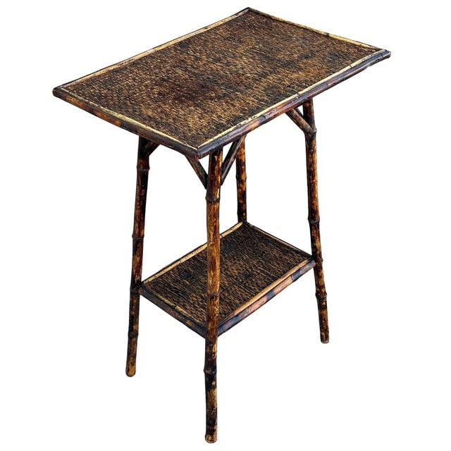 Early 20th Century Restored Aesthetic Movement Tiger Bamboo Rectangle Side Table W/ Embossed Top - 3