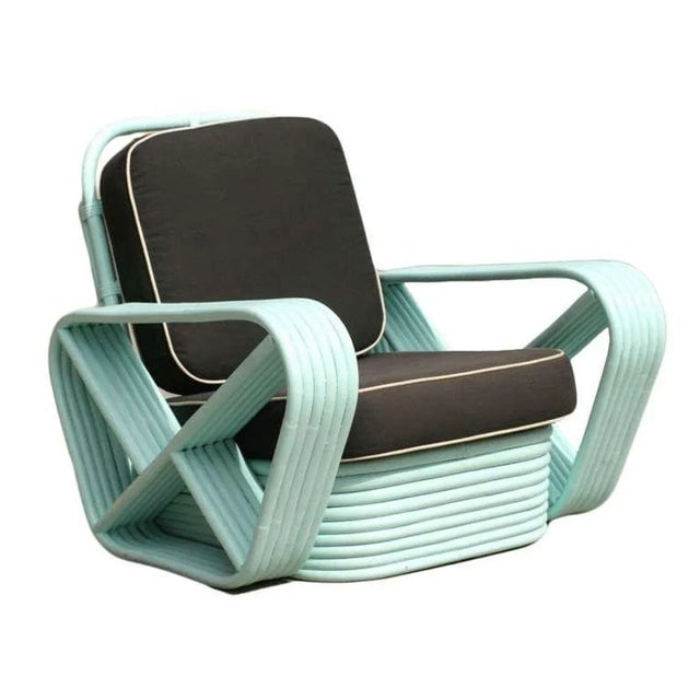 1930s Restored Pair of Teal Square Pretzel Stacked Rattan Lounge Chairs in Style of Frankl - 6
