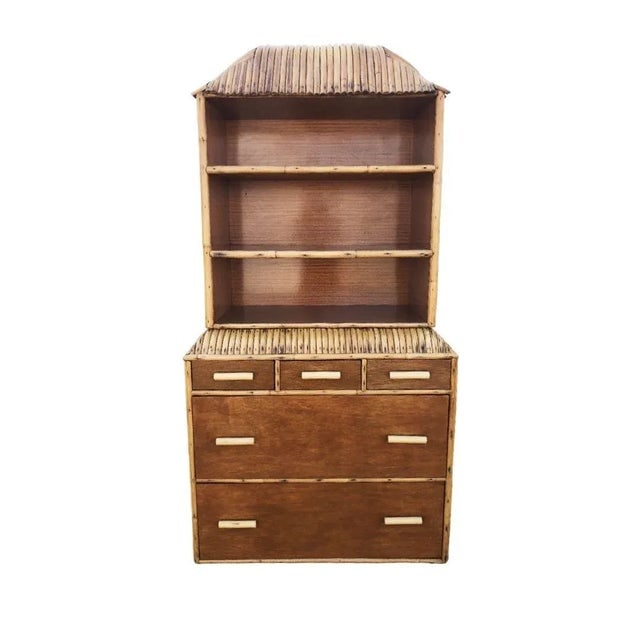 1930s Restored Rare Art Deco Waterfall Rattan & Mahogany Dresser/Bookcase Hutch - 2