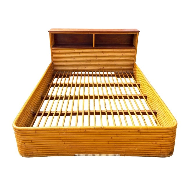 Restored Mid-Century Queen Size 13-Strand Stacked Rattan Bed Frame W/ Book Shelf - 2