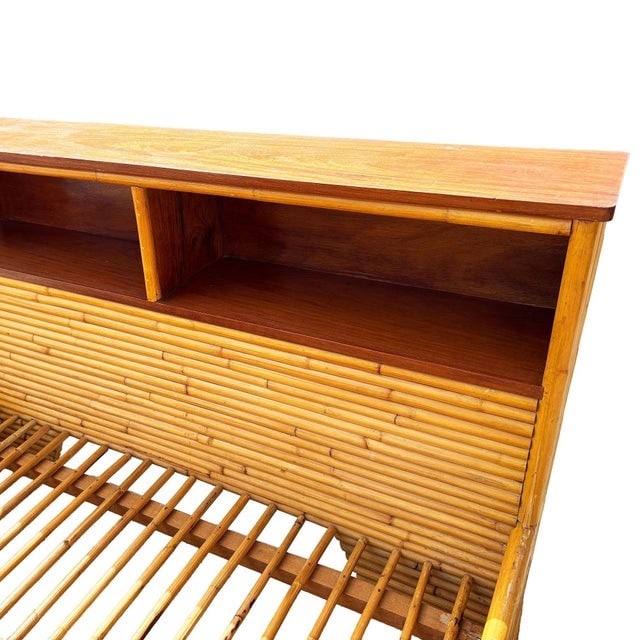 Restored Mid-Century Queen Size 13-Strand Stacked Rattan Bed Frame W/ Book Shelf - 4