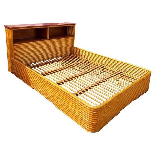 Restored Mid-Century Queen Size 13-Strand Stacked Rattan Bed Frame W/ Book Shelf - 7