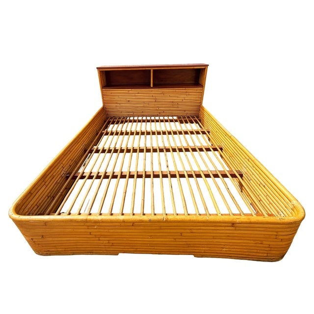 Restored Mid-Century Queen Size 13-Strand Stacked Rattan Bed Frame W/ Book Shelf - 8