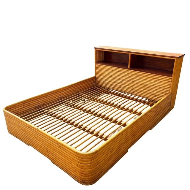 Restored Mid-Century Queen Size 13-Strand Stacked Rattan Bed Frame W/ Book Shelf - 9