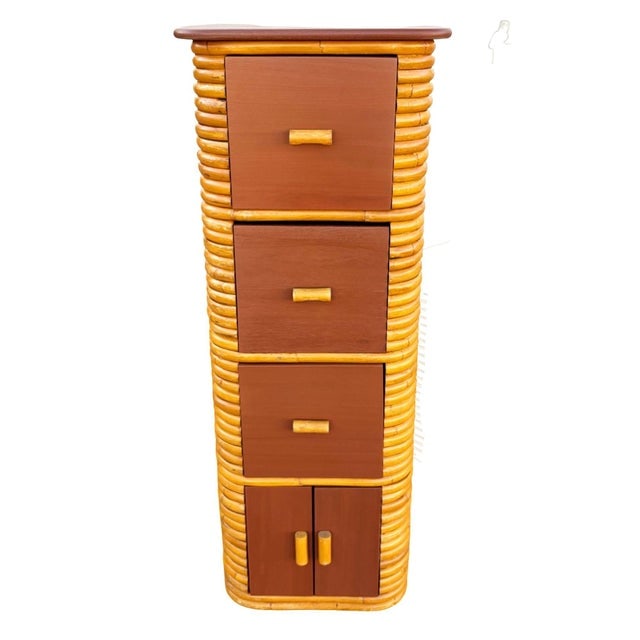 1970s Restored Paul Frankl Style Stacked Rattan & Mahogany Cabinet W/ Drawers - 2