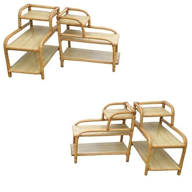 1950s Restored Mid-Century 3-Tier Rattan Side Lamp Table Living Room Set of 4 - 2