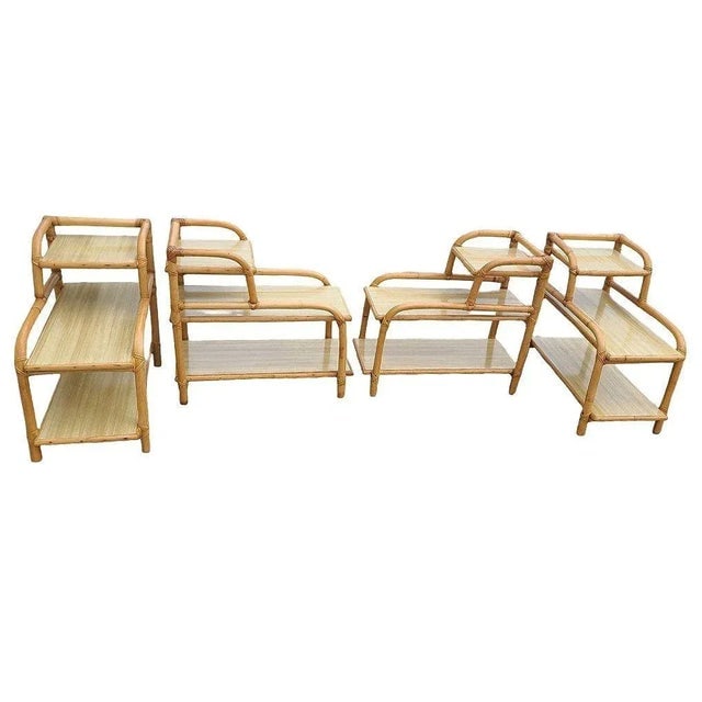 1950s Restored Mid-Century 3-Tier Rattan Side Lamp Table Living Room Set of 4 - 3