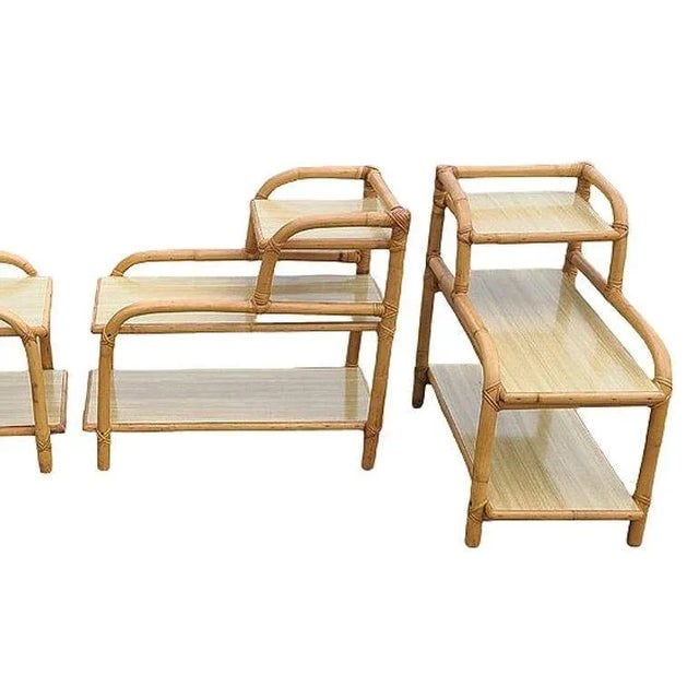 1950s Restored Mid-Century 3-Tier Rattan Side Lamp Table Living Room Set of 4 - 4