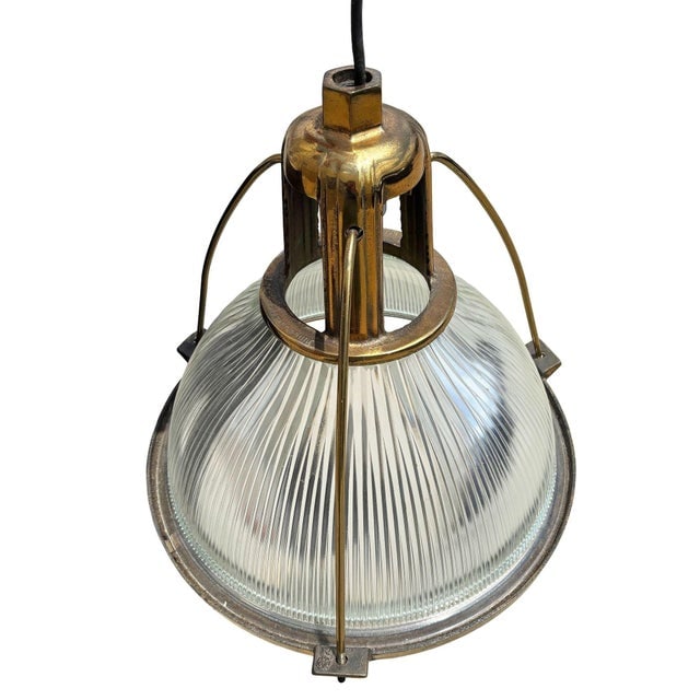 Mid 20th Century Rare Brass Plated Holophane Industrial Hanging Pendant Light - 3