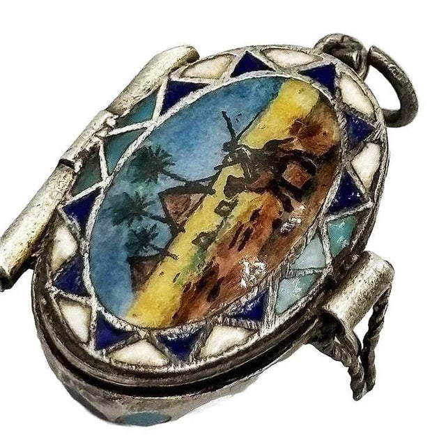 Egyptian Revival Sterling Silver Painted Enamel Locket W/ Gilded Gold Figure Mummy - 2