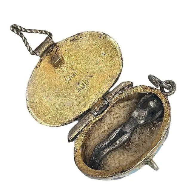 Egyptian Revival Sterling Silver Painted Enamel Locket W/ Gilded Gold Figure Mummy - 3