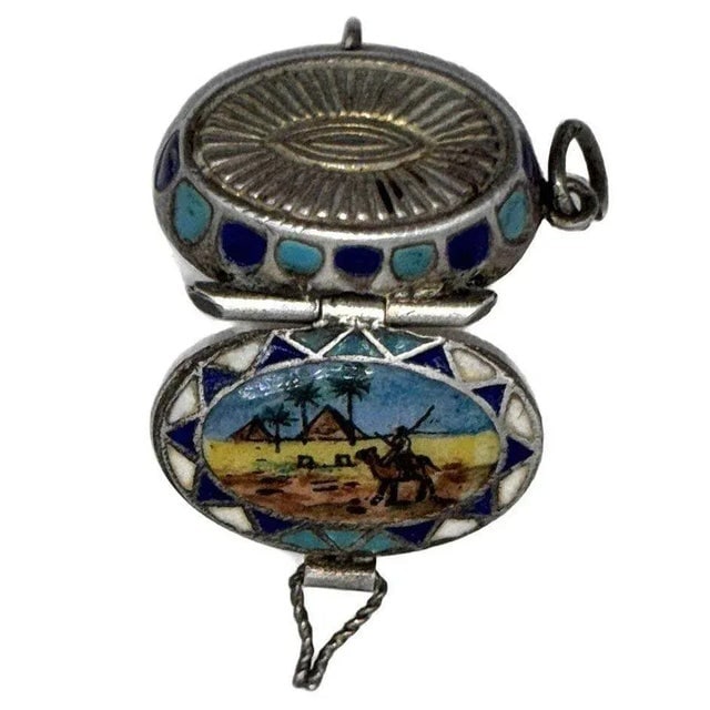 Egyptian Revival Sterling Silver Painted Enamel Locket W/ Gilded Gold Figure Mummy - 4