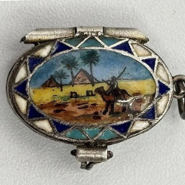 Egyptian Revival Sterling Silver Painted Enamel Locket W/ Gilded Gold Figure Mummy - 7