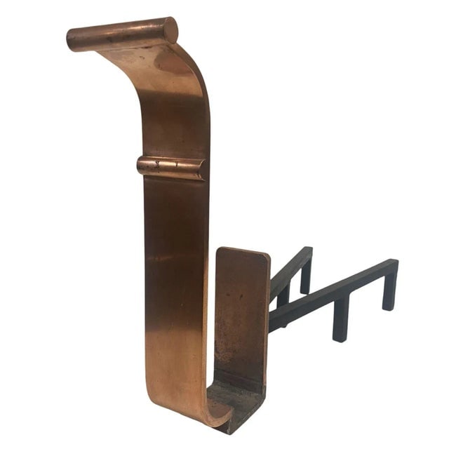1930s Art Deco Modernist Copper and Iron Firedogs / Andirons, Pair - 4