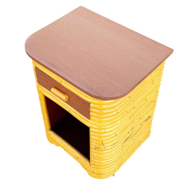 1930s Restored Streamline Art Deco Stacked Rattan Bedside Table W/ Mahogany Top, Cubby - 3