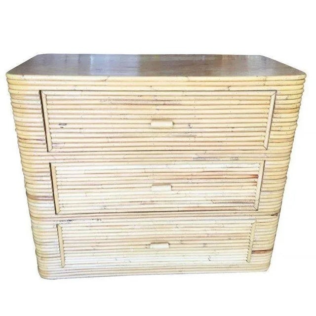 1970s Restored Stacked Stcik Reed Rattan Lowboy Dresser With Mahogany Top - 2