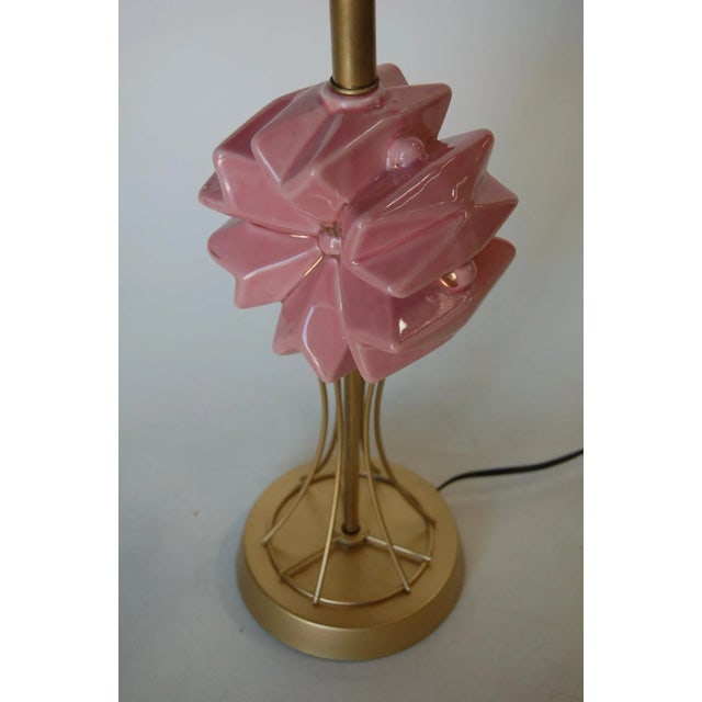 Mid Century Brass Spindel Table Lamp W/ Ceramic Flower Accent - 6